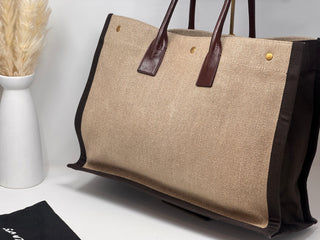 SAINT LAURENT Linen Calfskin Rive Gauche Tote Natural