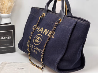 CHANEL Navy and Glitter Textile Deauville Tote Gold Hardware