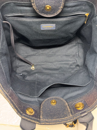 CHANEL Navy and Glitter Textile Deauville Tote Gold Hardware